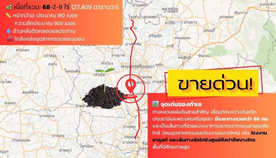 ขายที่ดินติดถนน เแปลงใหญ่สวย ติดถนนสาย 347 ปทุมธานี-บางปะหัน ต.บางประแดง อ.บางประอิน จ.พระนครศรีอยุธยา กม. 29-30 โทร 095-8299247