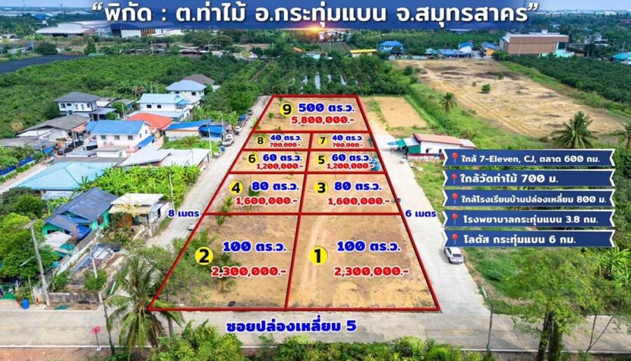 ขายด่วน! ที่ดินใกล้วัดท่าไม้ เริ่ม 700,000 ต่อรองได้ อ.กระทุ่มแบน จ.สมุทรสาคร ทำเลชุมชน โทร 082-8756645
