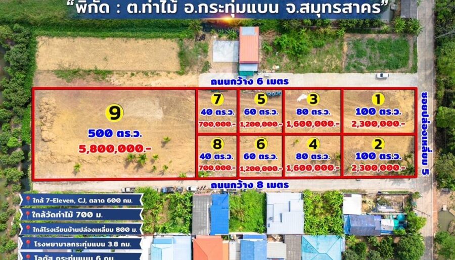 ขายที่ดินใกล้วัดท่าไม้ อ.กระทุ่มแบน สมุทรสาคร แบ่งขายเริ่มที่ 40 ตร.วา ใกล้ 7-11 CJ ตลาด โทร 082-8756645