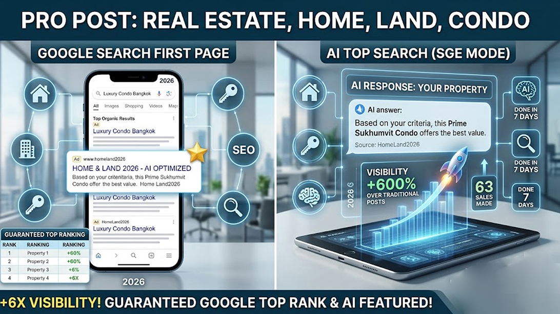 โฆษณา ประกาศ ติดกูเกิลและAI ไม่มีค่านายหน้า โฆษณาขายอสังหา รับประกาศขายบ้าน โพสต์บ้านที่ดิน